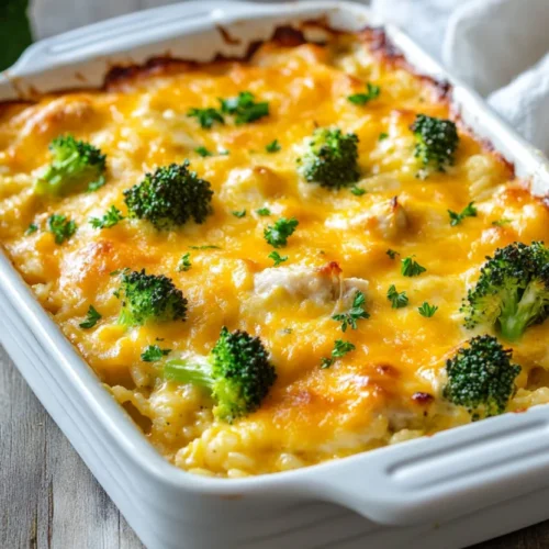 Creamy Broccoli, Rice, Cheese, and Chicken Casserole in a white dish topped with fresh parsley and melted cheese