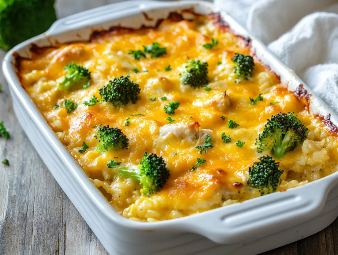 Creamy Broccoli, Rice, Cheese, and Chicken Casserole in a white dish topped with fresh parsley and melted cheese