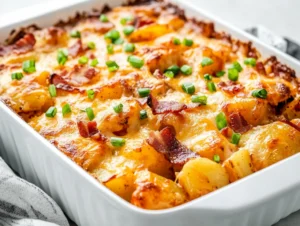 Buffalo chicken casserole with roasted potatoes and melted cheese garnished with green onions in a white dish