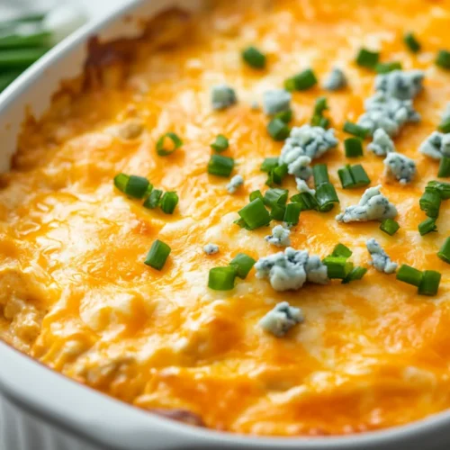 Baking dish of creamy Buffalo chicken dip topped with melted cheese and garnished with green onions