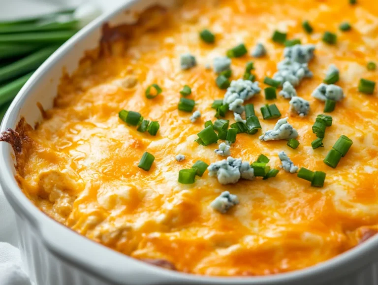 Baking dish of creamy Buffalo chicken dip topped with melted cheese and garnished with green onions