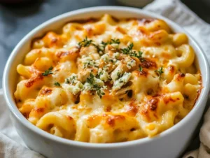 Bowl of Buffalo chicken macaroni and cheese topped with crumbled Gorgonzola and hot sauce