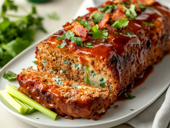 Buffalo chicken meatloaf topped with crispy bacon and blue cheese on a white plate garnished with celery.