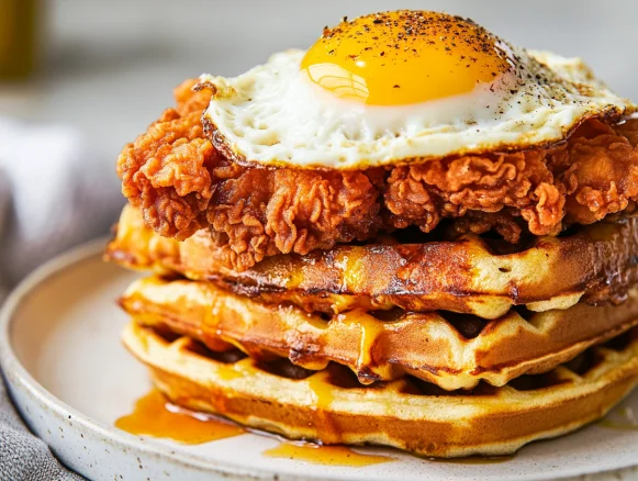 Stacked chicken and waffles sandwich drizzled with hot honey on a white plate, served with a warm kitchen towel