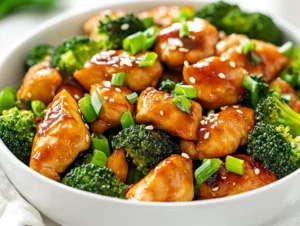 Chicken broccoli stir fry in a white bowl, garnished with green onions, showcasing vibrant chicken and broccoli.
