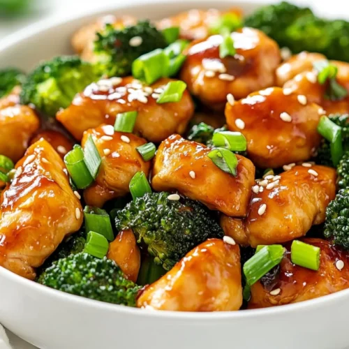 Chicken broccoli stir fry in a white bowl, garnished with green onions, showcasing vibrant chicken and broccoli.