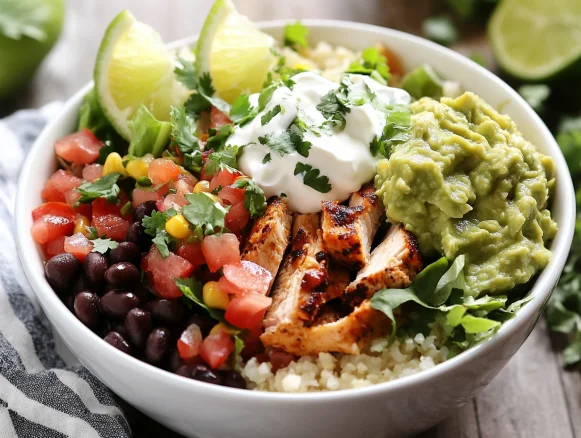 Delicious chicken burrito bowl with cauliflower rice, chicken, corn salsa, and guacamole, garnished with fresh cilantro.