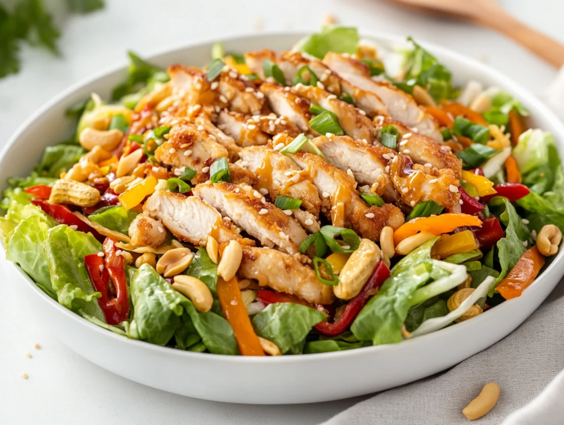 Colorful chicken chow mein salad in a white bowl topped with crunchy noodles and roasted peanuts