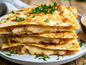 Golden chicken cordon bleu quesadillas on a white plate, garnished with parsley and served with Dijon sauce