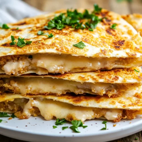 Golden chicken cordon bleu quesadillas on a white plate, garnished with parsley and served with Dijon sauce