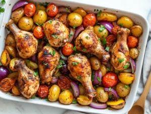 Delicious chicken drumstick traybake with crispy chicken, roasted veggies, and cherry tomatoes on a white tray
