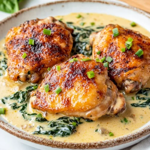 Creamy chicken florentine with spinach served on a white plate, garnished with green onions and Parmesan