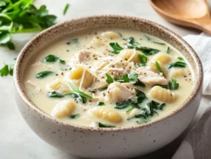 Bowl of chicken gnocchi soup topped with Parmesan and fresh spinach on a light gray table