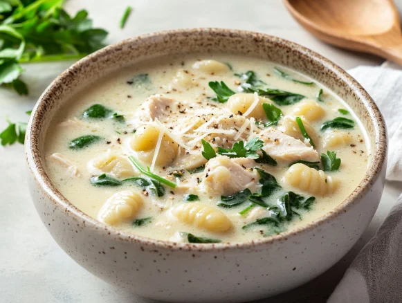 Bowl of chicken gnocchi soup topped with Parmesan and fresh spinach on a light gray table