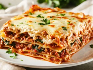 Delicious chicken lasagna with spinach on a white plate, garnished with parsley and topped with melted cheese