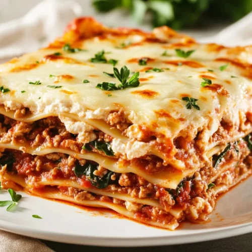 Delicious chicken lasagna with spinach on a white plate, garnished with parsley and topped with melted cheese