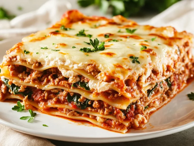 Delicious chicken lasagna with spinach on a white plate, garnished with parsley and topped with melted cheese