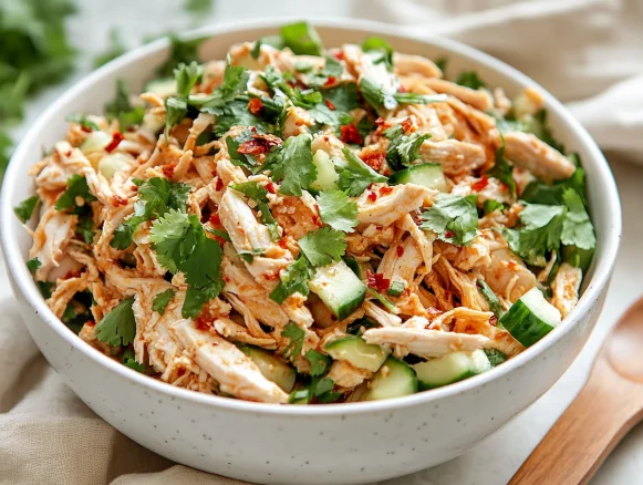 Chicken salad with chili crisp in a white bowl, garnished with cilantro and served with a wooden spoon