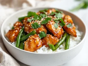 Chicken stir fry with green beans served over rice in a white bowl, garnished with cilantro and sesame seeds