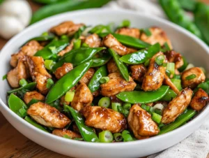 Chicken stir fry with snow peas on a white bowl, garnished with green onions and bright vegetables