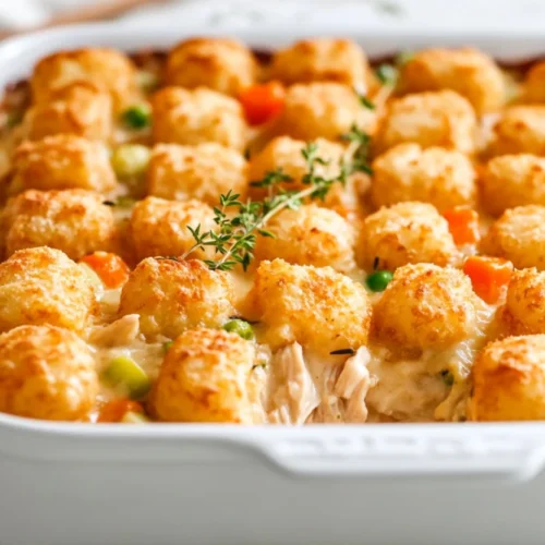 Golden chicken tater tot casserole in a white dish, topped with thyme sprigs and crispy potato tots