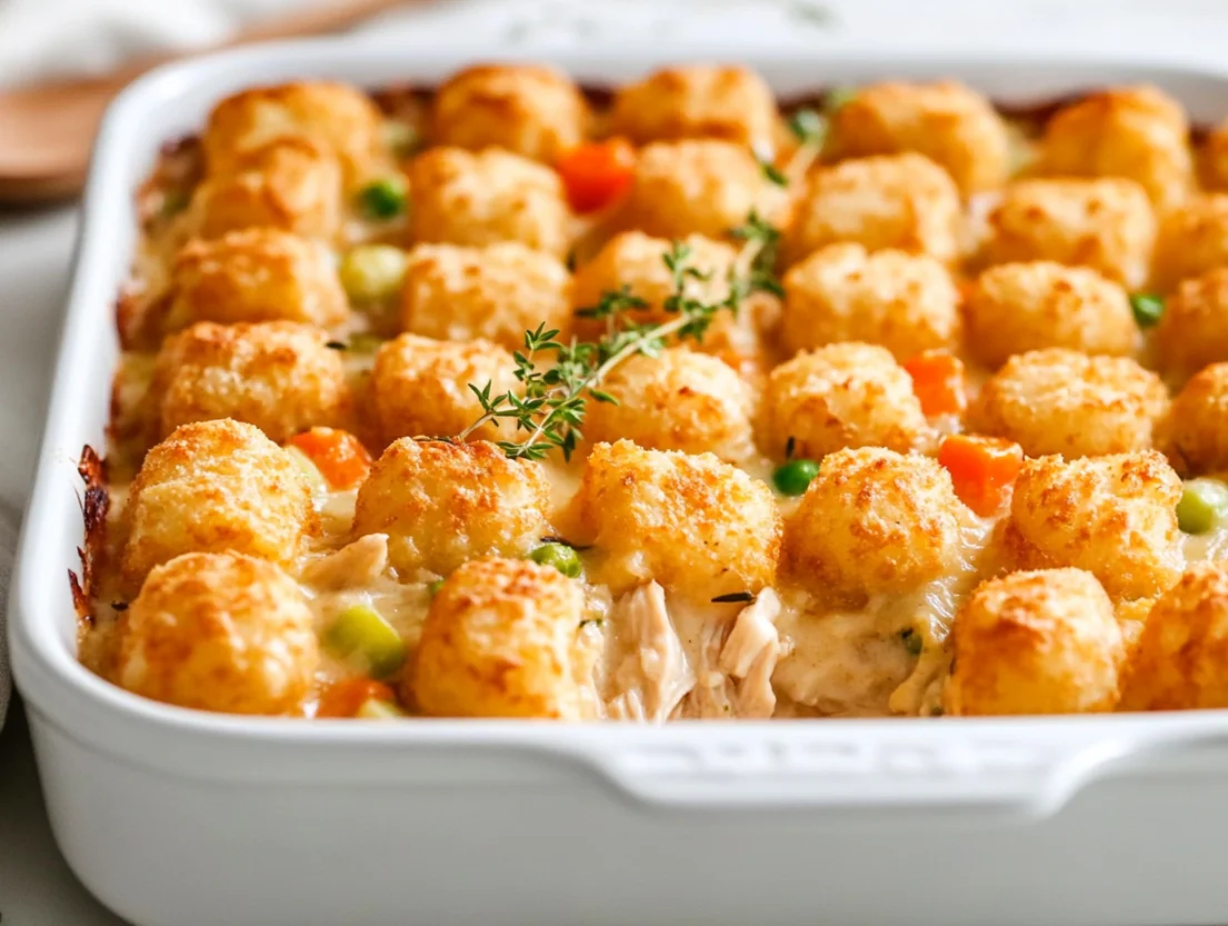 Golden chicken tater tot casserole in a white dish, topped with thyme sprigs and crispy potato tots