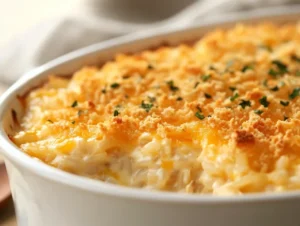Creamy chicken and rice casserole topped with golden cracker crumbs in a white baking dish