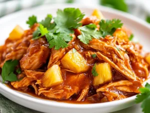 Shredded Crockpot Hawaiian Chicken served on a white plate with fresh cilantro and pineapple chunks