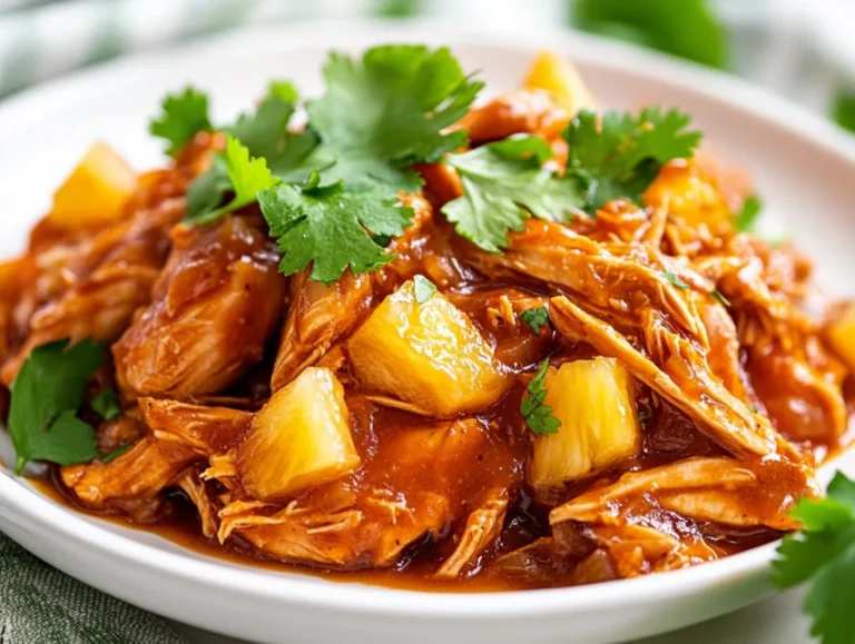 Shredded Crockpot Hawaiian Chicken served on a white plate with fresh cilantro and pineapple chunks