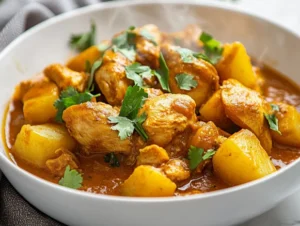 Bowl of Durban chicken curry garnished with fresh coriander leaves on a neutral background