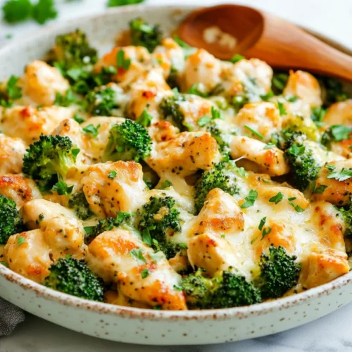 Delicious easy chicken broccoli skillet topped with melted cheese and fresh parsley on a white plate