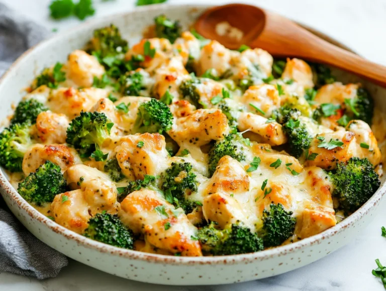 Delicious easy chicken broccoli skillet topped with melted cheese and fresh parsley on a white plate