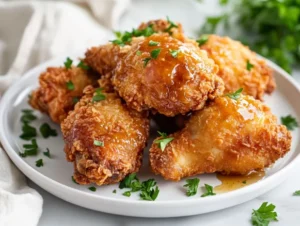 Extra crispy fried chicken drizzled with honey-butter glaze on a white plate, garnished with parsley.