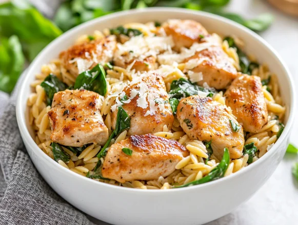Delicious garlic chicken orzo served in a white bowl, topped with Parmesan and fresh spinach.