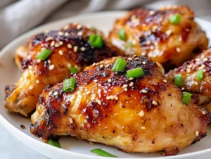 Delicious garlic soy sauce chicken on a white plate garnished with green onions and sesame seeds