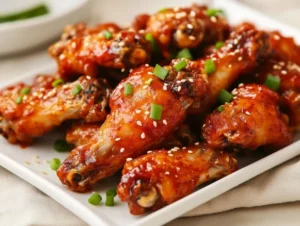 Crispy gochujang chicken wings served on a white plate, garnished with sesame seeds and scallions