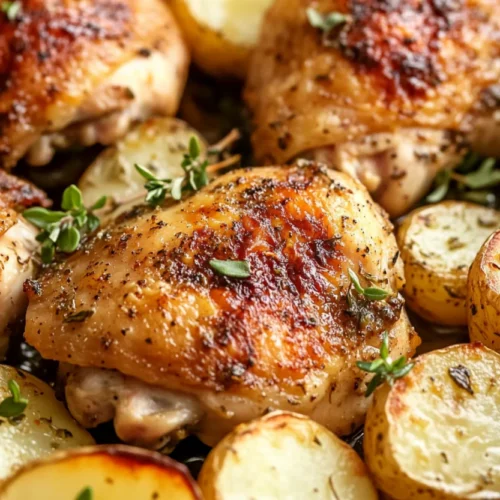 Golden Greek lemon chicken potatoes on a white plate, garnished with fresh oregano and lemon slices