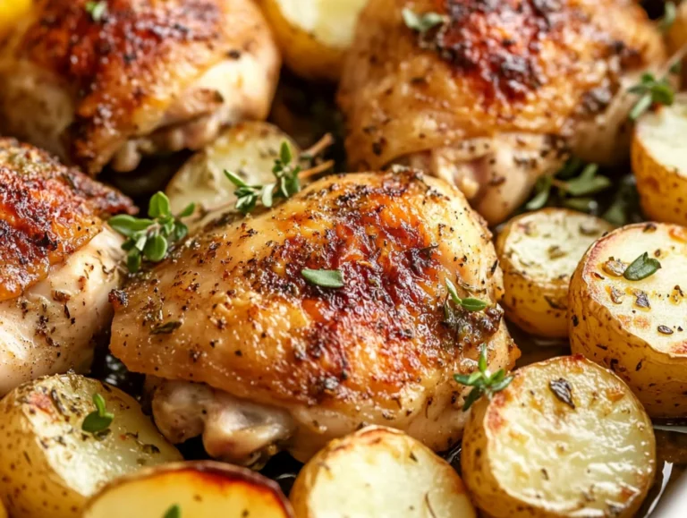 Golden Greek lemon chicken potatoes on a white plate, garnished with fresh oregano and lemon slices