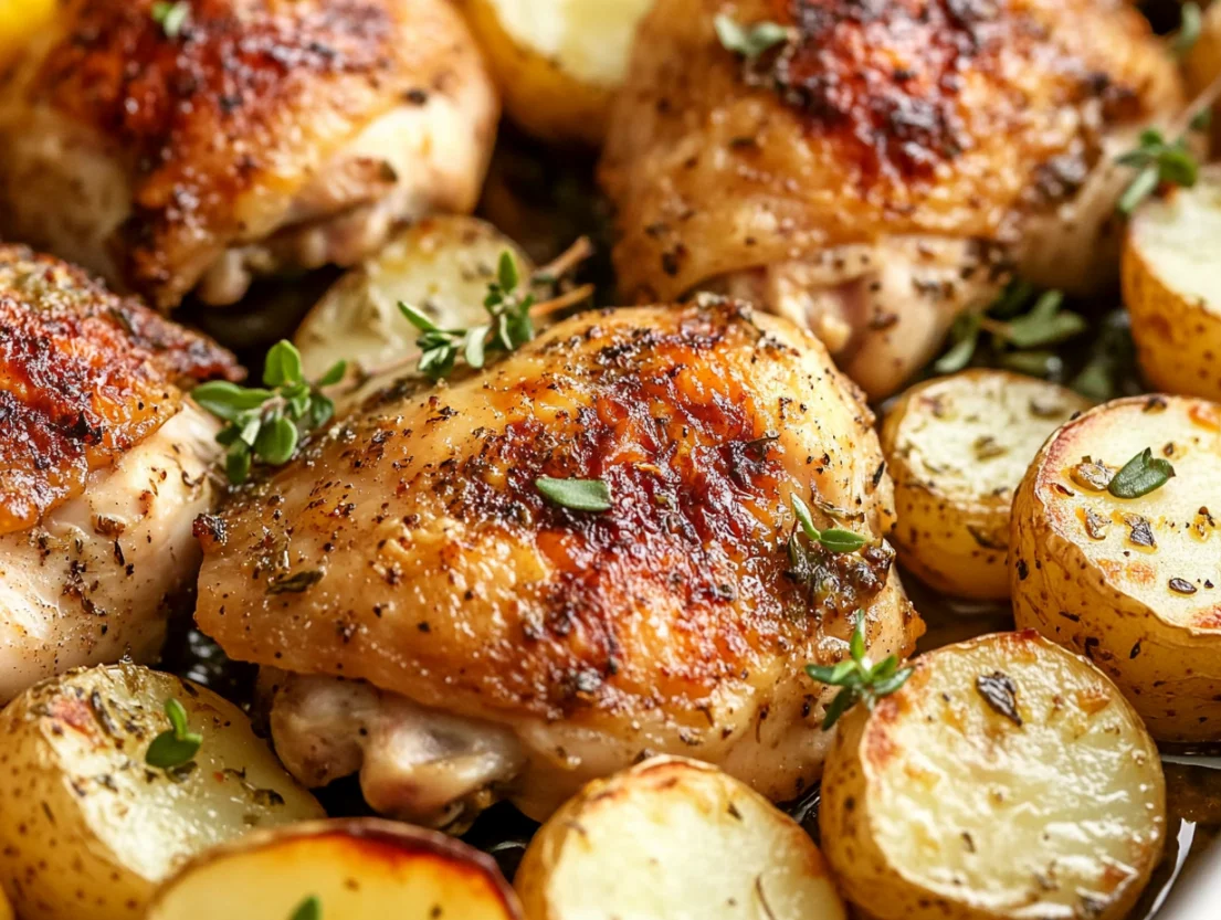 Golden Greek lemon chicken potatoes on a white plate, garnished with fresh oregano and lemon slices