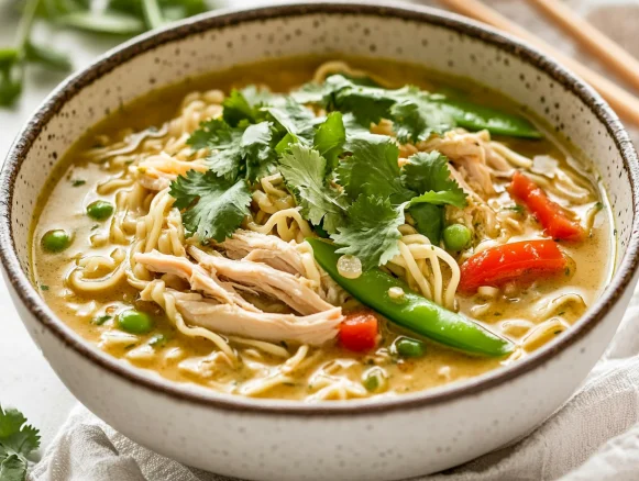 Bowl of green curry chicken ramen topped with red bell peppers and cilantro on a white plate with chopsticks