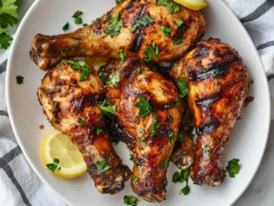 Grilled buttermilk chicken drumsticks served on a white plate, garnished with parsley and a lemon slice