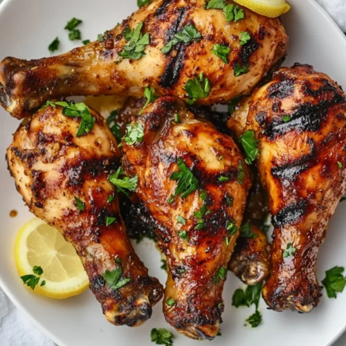 Grilled buttermilk chicken drumsticks served on a white plate, garnished with parsley and a lemon slice