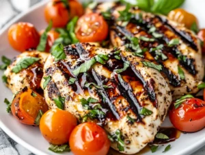 Grilled chicken caprese topped with burrata and tomatoes on a white plate, drizzled with balsamic glaze