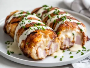 Juicy grilled chicken cordon bleu slices on a white plate topped with sour cream and fresh chives