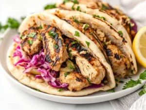 Grilled chicken pita sandwich filled with juicy chicken, hummus, and pickled cabbage on a white plate