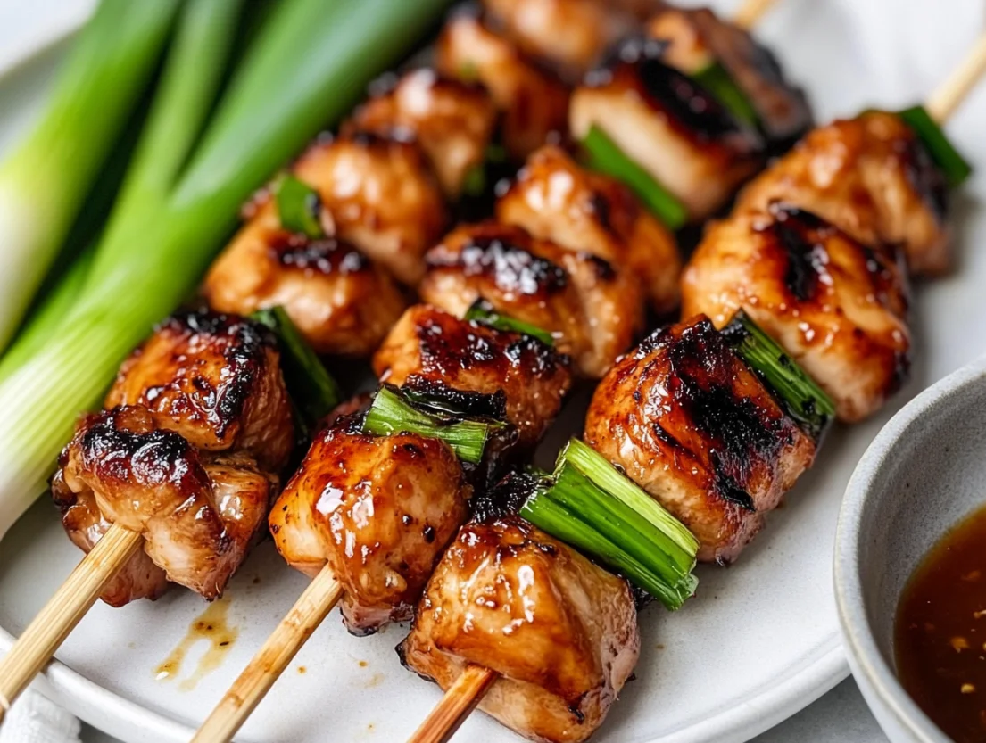 Grilled negima yakitori skewers on a white plate, glazed and garnished, with a bowl of sauce