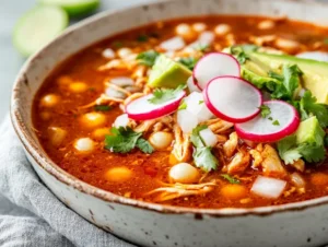 Bowl of how to make pozole rojo con pollo topped with radishes and avocado, served on a linen towel