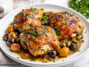 Instant Pot Chicken Marbella with glossy sauce, apricots, and olives on a white plate, garnished with parsley