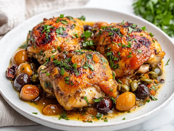 Instant Pot Chicken Marbella with glossy sauce, apricots, and olives on a white plate, garnished with parsley