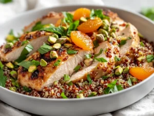 Instant Pot chicken quinoa topped with fresh herbs and pistachios in a white bowl, showcasing rich colors and textures.